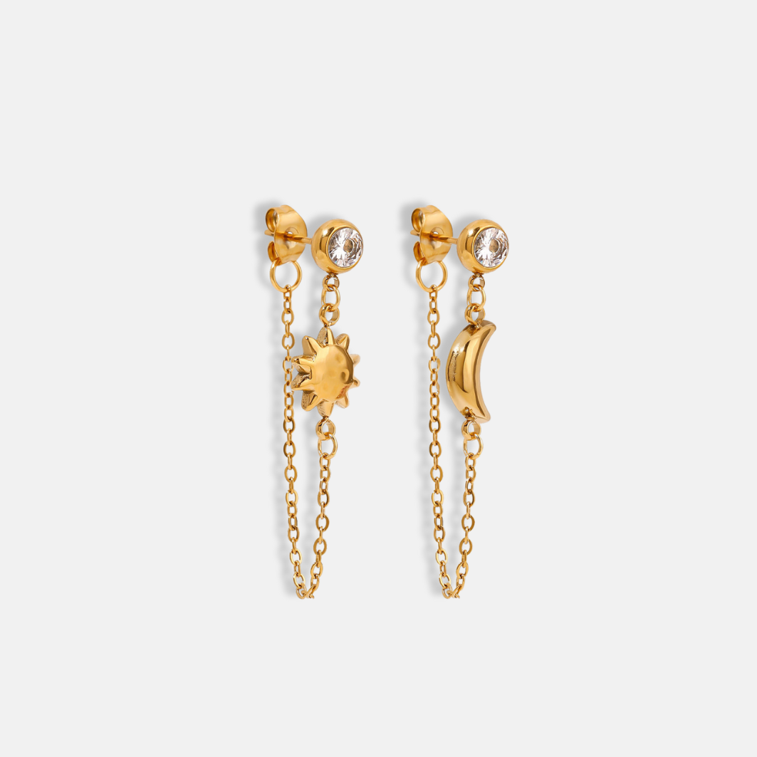 Sun & Moon Chain Earrings 18K Gold Plated