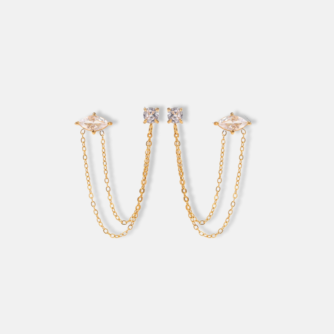 Double Chain Zircon Earrings 18K Gold Plated