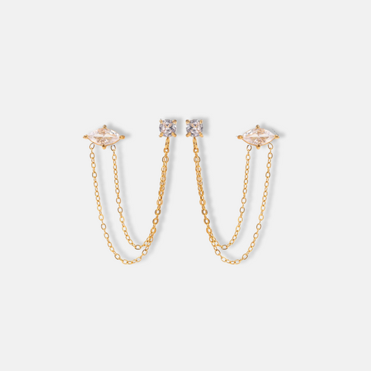 Double Chain Zircon Earrings 18K Gold Plated